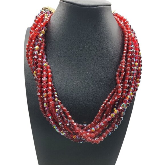 Vtg Red Multi-Strand Necklace Torsade Choker Small Beaded Simulated Crystals 20" - Picture 2 of 8